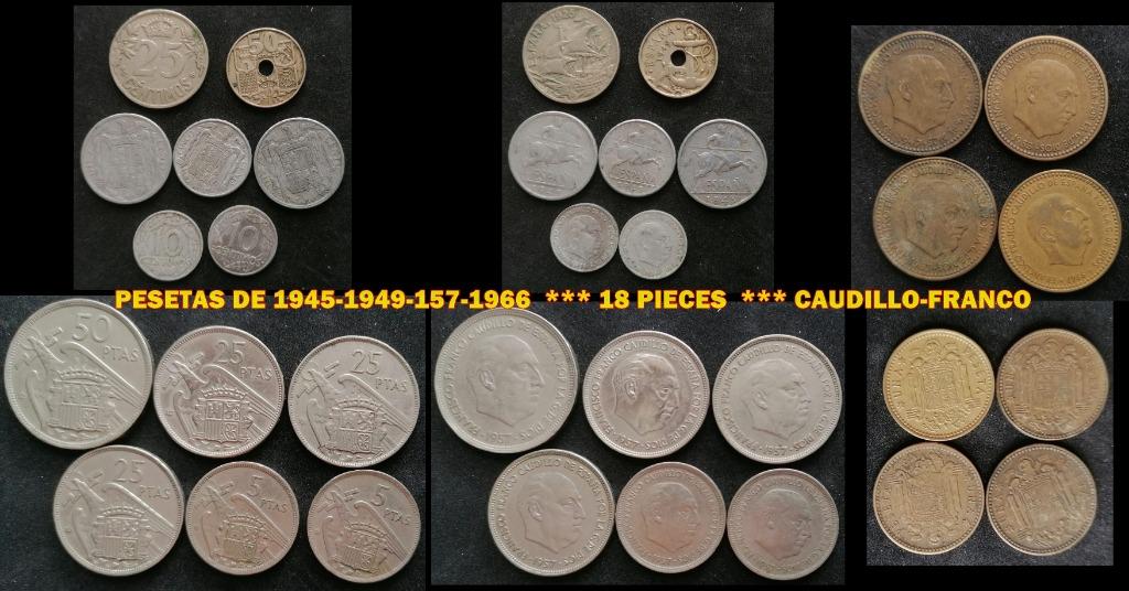 PESETAS DE 1945-149-57-66-ESPAGNE  18P   CAUDILLO-FRANCO, Envoi, Autres pays, Monnaie en vrac
