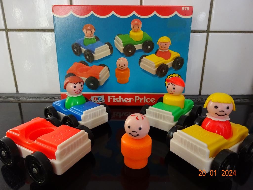 fisher price, set 4 autootjes met 4 popjes*VOLLEDIG*VINTAGE*, Ophalen of Verzenden