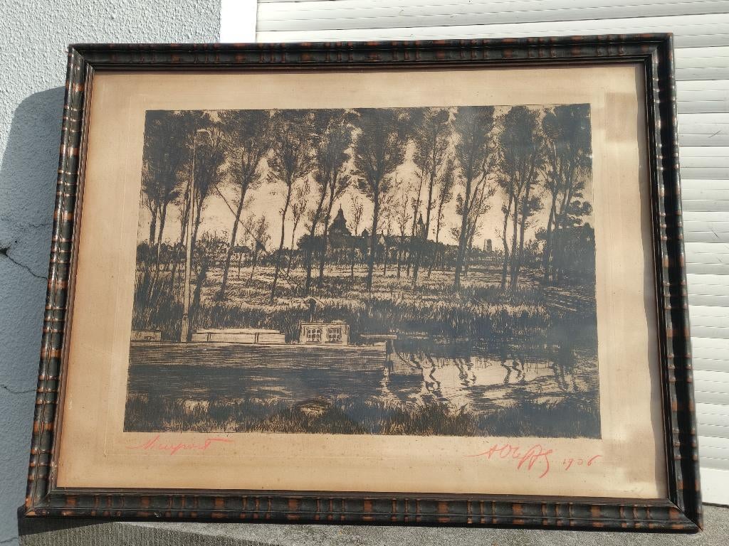 eau forte signe auguste oleffe, Antiquités & Art, Enlèvement ou Envoi