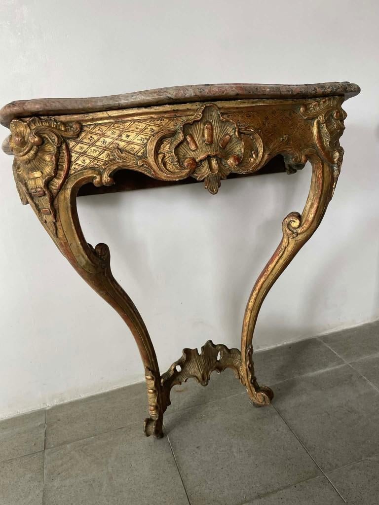 Antieken console met marmerblad ,en polychroom., Ophalen