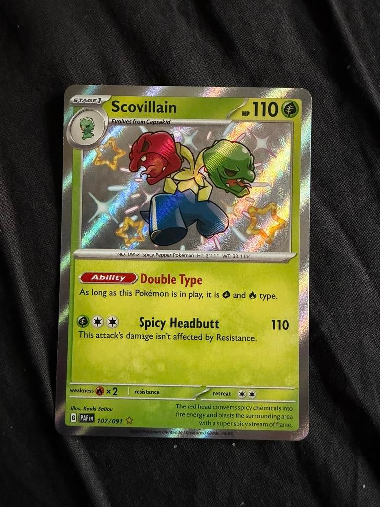 Scovillain Baby Shiny (Paldean Fates), Ophalen of Verzenden, Zo goed als nieuw, Losse kaart, Foil