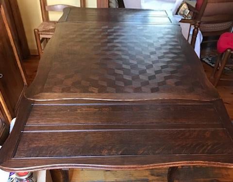 Uitschuifbare tafel in ingelegd eikenhout, Ophalen, Gebruikt, Eikenhout, 50 tot 100 cm