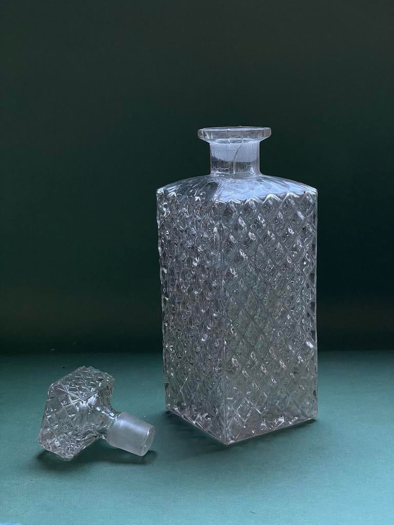 vintage glazen karaf / decanter met stop in diamantpatroon., Ophalen of Verzenden