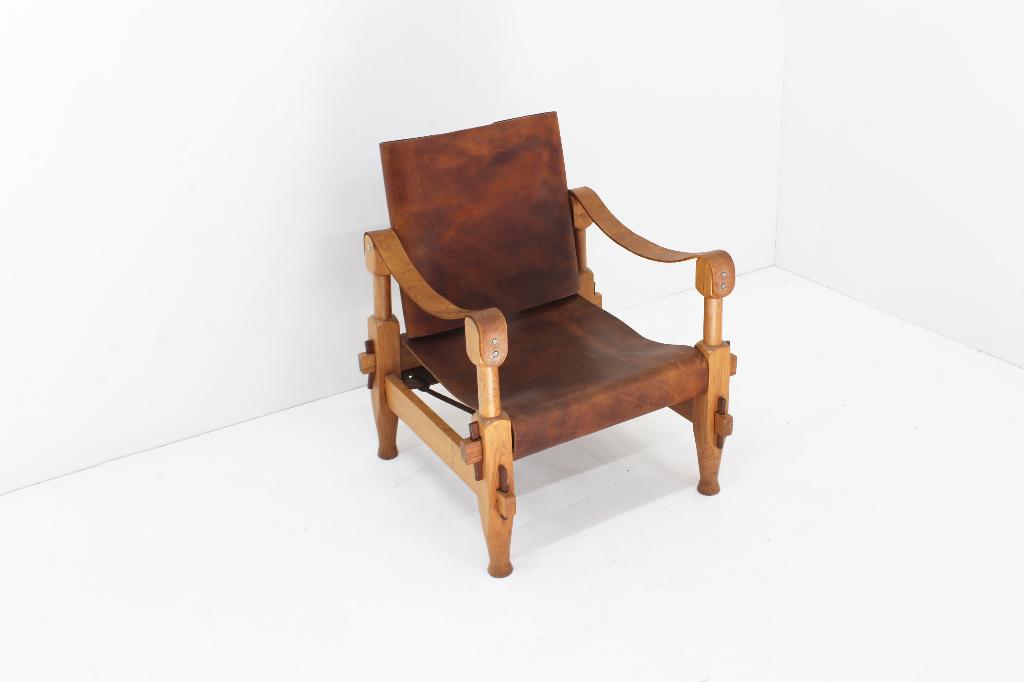 Fauteuil safari vintage en cuir brutaliste des années 1960, Maison & Meubles, Fauteuils, Moins de 75 cm, Enlèvement ou Envoi, Comme neuf