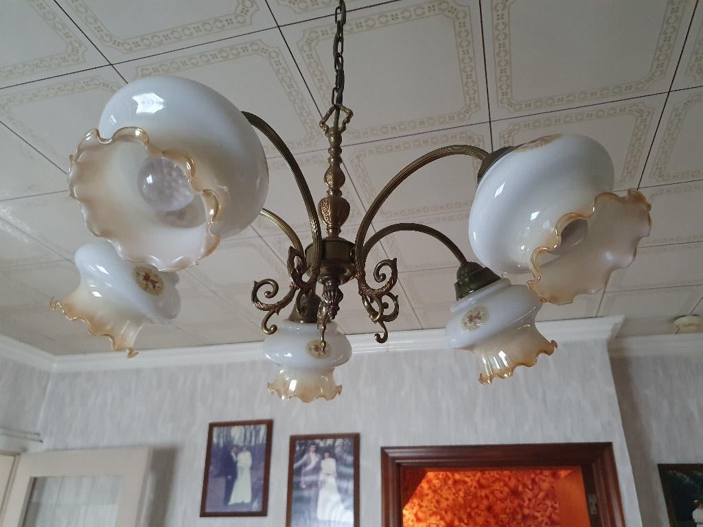Vintage Luster Lamp Vijf Kapjes Bloempjes Golven, Ophalen, Gebruikt, Glas, Klassiek