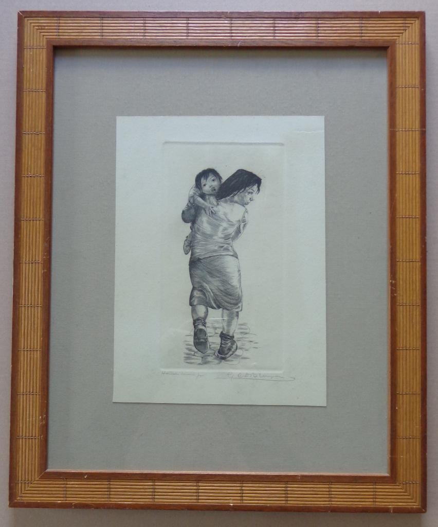 GUSTAAF DE BRUYNE / HAVENMEISJE / ZW-W ETS / 58x48cm KADER, Antiek en Kunst, Kunst | Litho's en Zeefdrukken, Ophalen of Verzenden