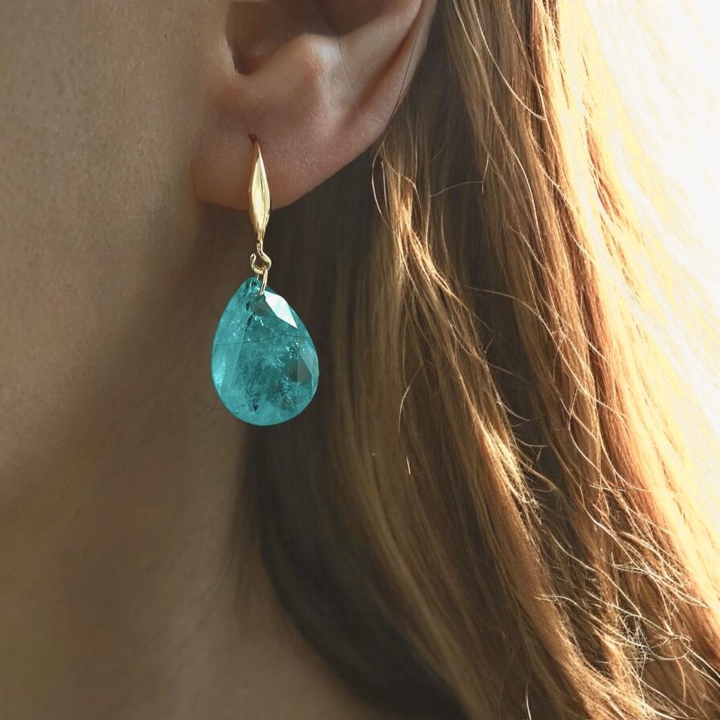 Boucles d'oreilles Paraiba en or 14 carats pierre naturelle, Neuf, Enlèvement ou Envoi, Avec cristal, Vert