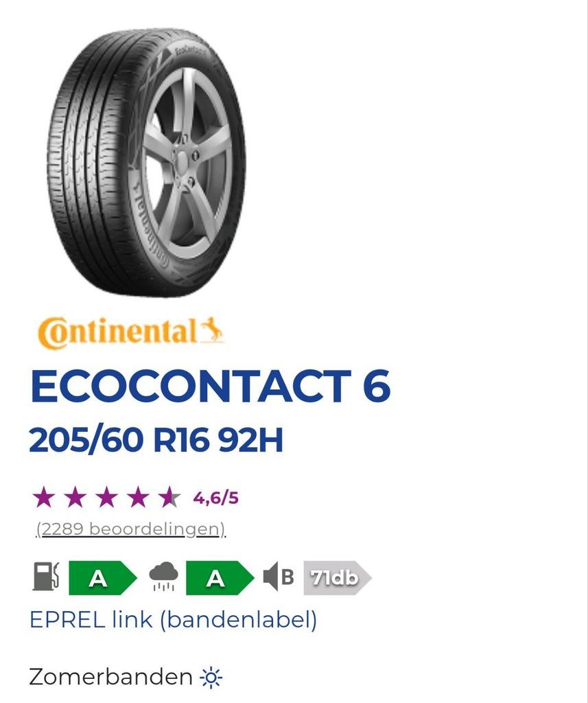 205 60 R16 Continental EcoContact 6 Nouveau L'été, Enlèvement ou Envoi, Neuf, Daihatsu