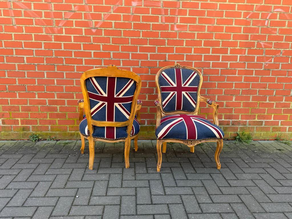Lot de 2 Fauteuils style Louis XV, union Jack, customisé, Huis en Inrichting, Fauteuils, Ophalen, Gebruikt, Minder dan 75 cm, Stof
