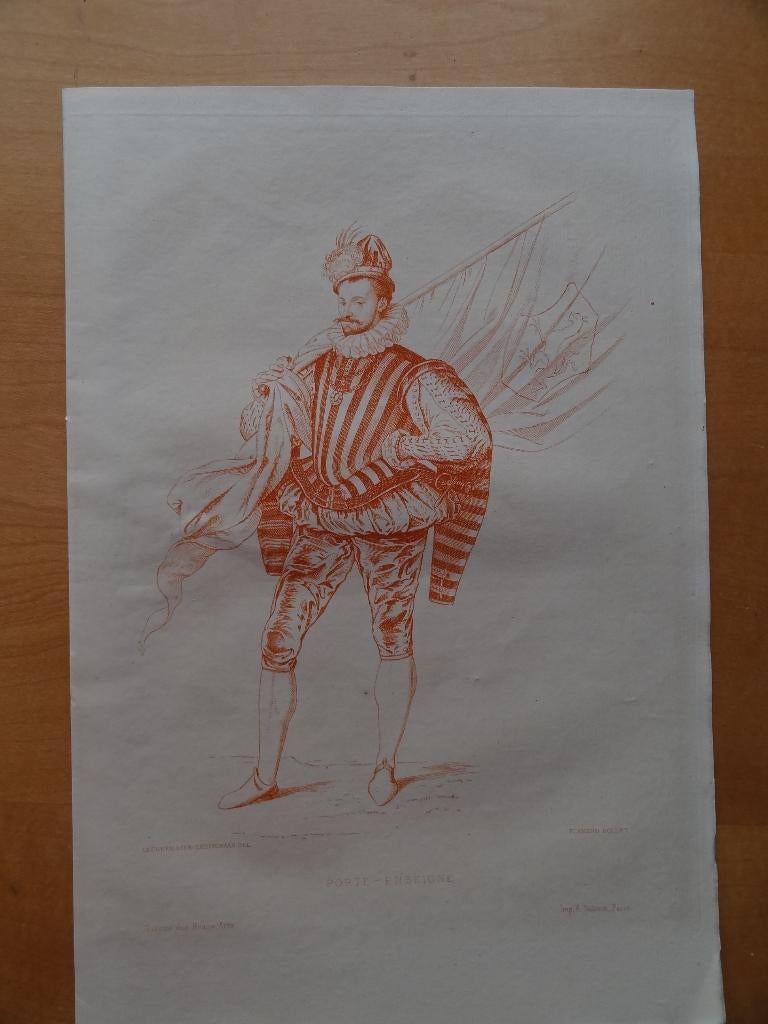 Porte enseigne, porte-drapeau, gravure M.Flameng, Antiquités & Art, Art | Eaux-fortes & Gravures, Envoi