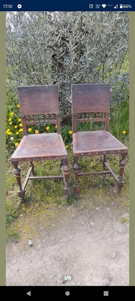 Set kasteelstoel stoel hout met lederen zitting antiek, Antiek en Kunst, Antiek | Meubels | Stoelen en Sofa's, Ophalen of Verzenden