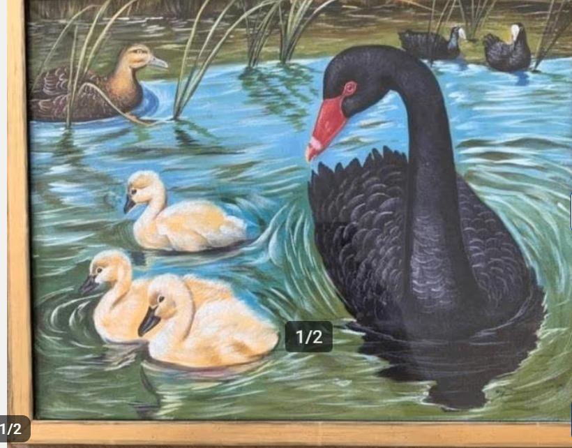 Zwarte zwaan geschilderd op zijde, Antiek en Kunst, Kunst | Schilderijen | Klassiek, Ophalen