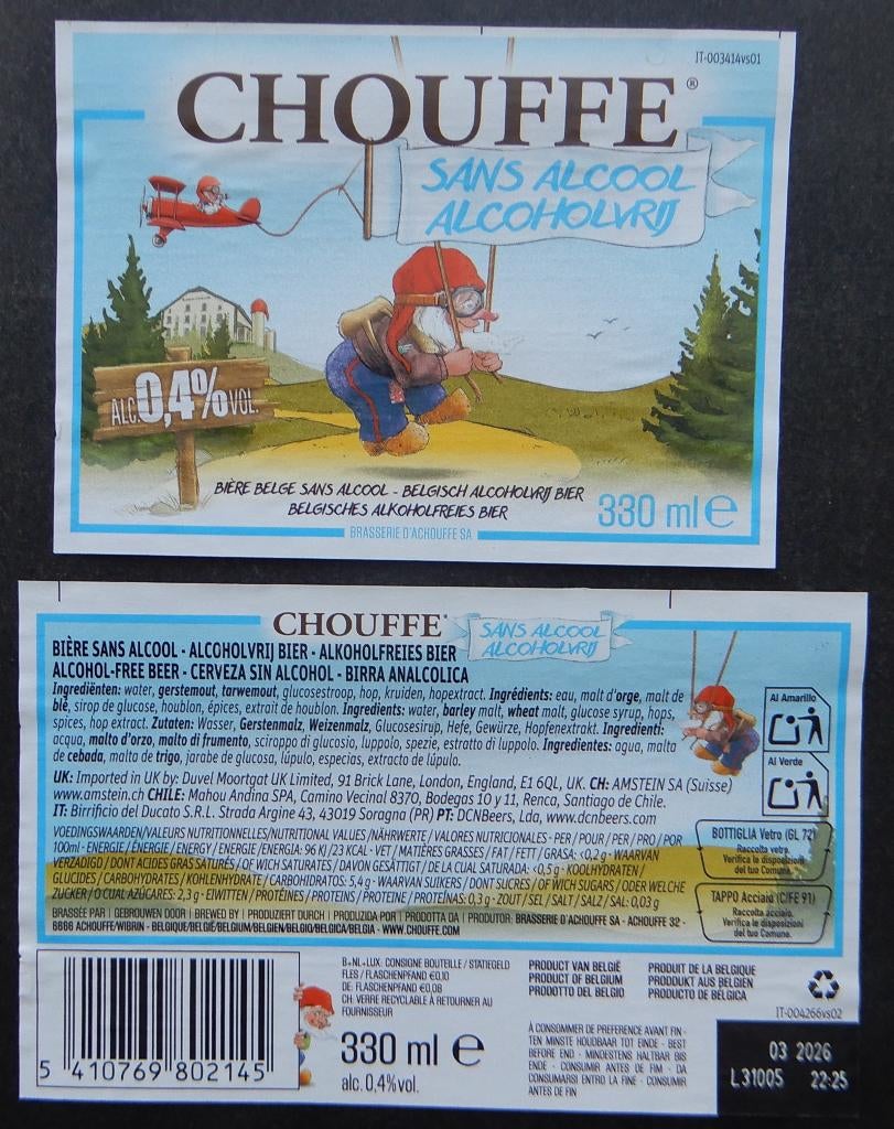 Étiquette de bière Chouffe sans alcool Br. d'Achouffe (13f2), Collections, Marques de bière, Utilisé, Envoi