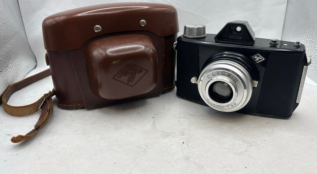 Vintage Agfa Click II 120 filmcamera met leren hoesje, Ophalen of Verzenden, Gebruikt