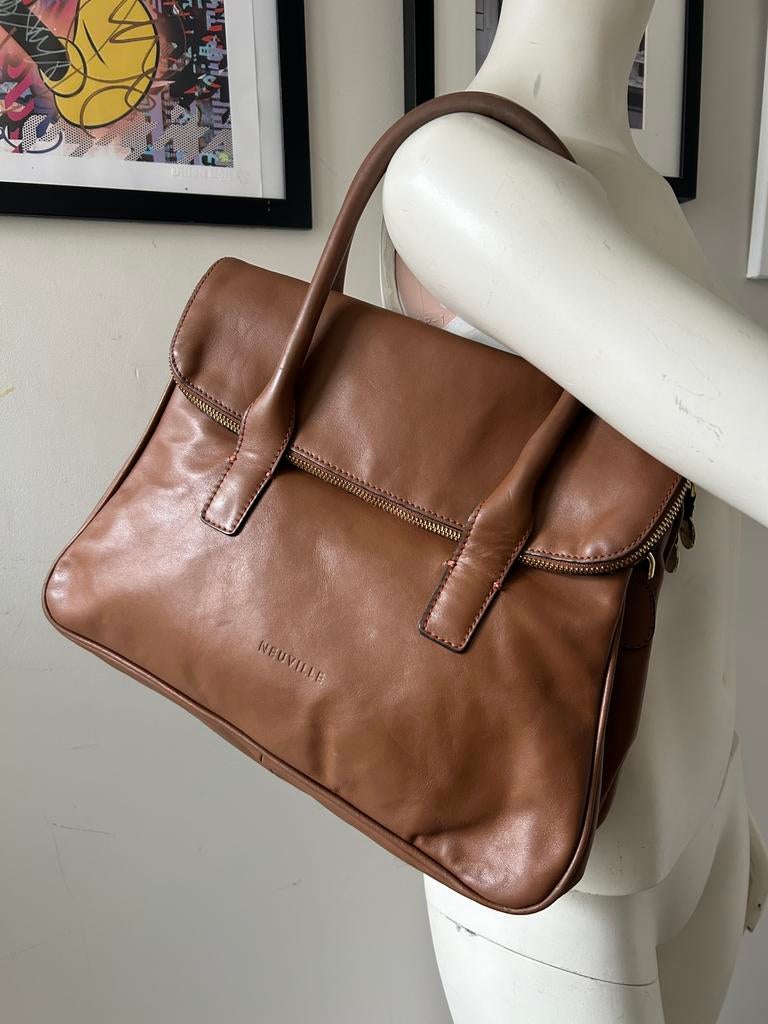 Neuville grote cognac leren tas, Handtassen en Accessoires, Tassen | Damestassen, Ophalen of Verzenden