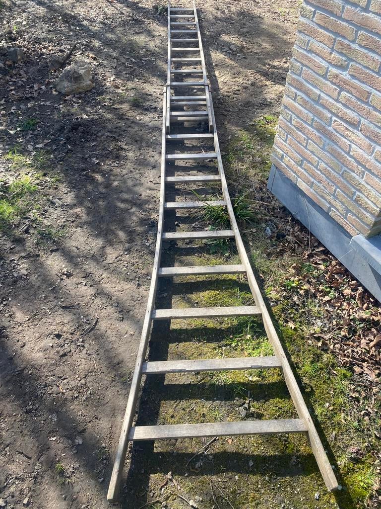 Houten ladder 2-delig 22 sporten 5,2 m, Ophalen, Gebruikt, Ladder, Opvouwbaar of Inschuifbaar