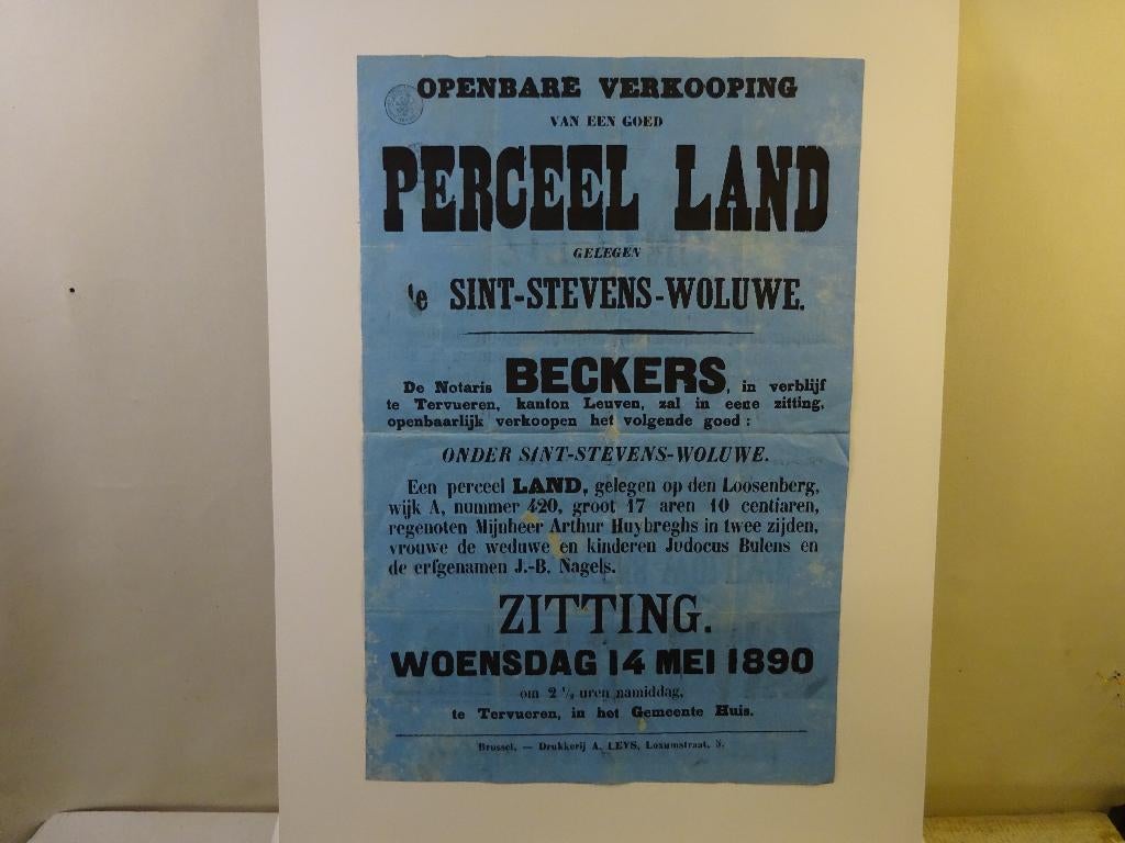 Originele notaris affiche ,gedateerd 1890 Tervuren., Gebruikt, Ophalen of Verzenden, Voor 1940, Prent