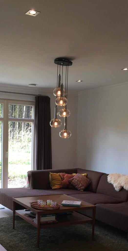 Vintage Cascade Hanglamp, 5 Mondgeblazen Bollen, '60-'70, 75 cm ou plus, Verre, Enlèvement, Utilisé