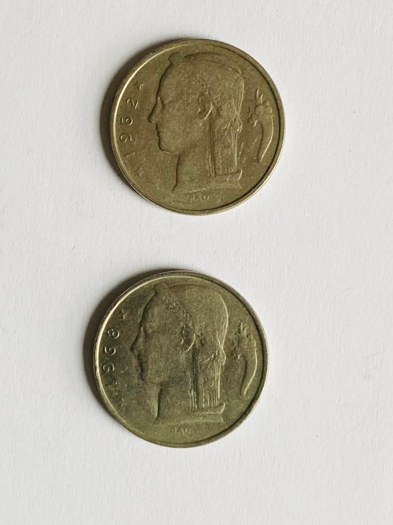 Set v. 2 munten v. 5 Belgische frank uit 1962/1968, Postzegels en Munten, Ophalen of Verzenden, Metaal, Losse munt