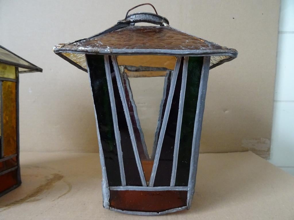 Amsterdamse school antieke glas in lood hanglamp 23cm set, Antiek en Kunst, Ophalen of Verzenden