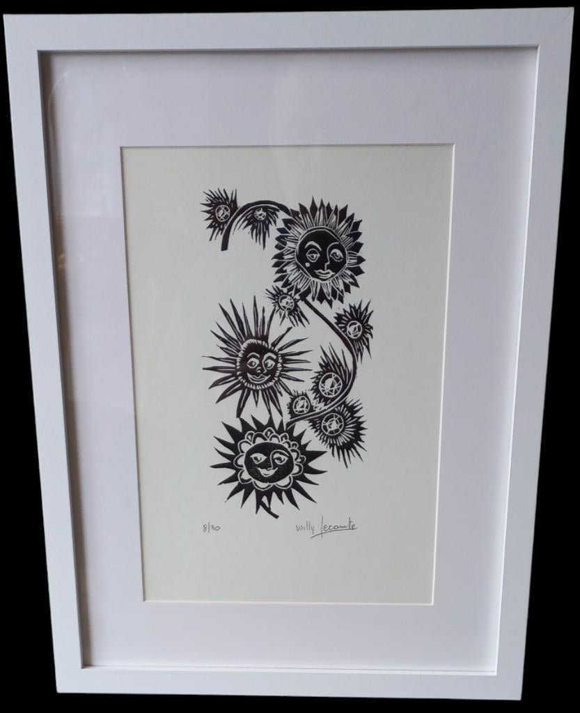 houtsnede Willy Lecomte "zonnebloemen", Antiquités & Art, Enlèvement ou Envoi