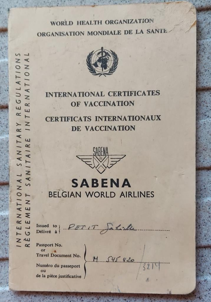 Sabena certificat de vaccination, Collections, Souvenirs Sabena, Enlèvement ou Envoi