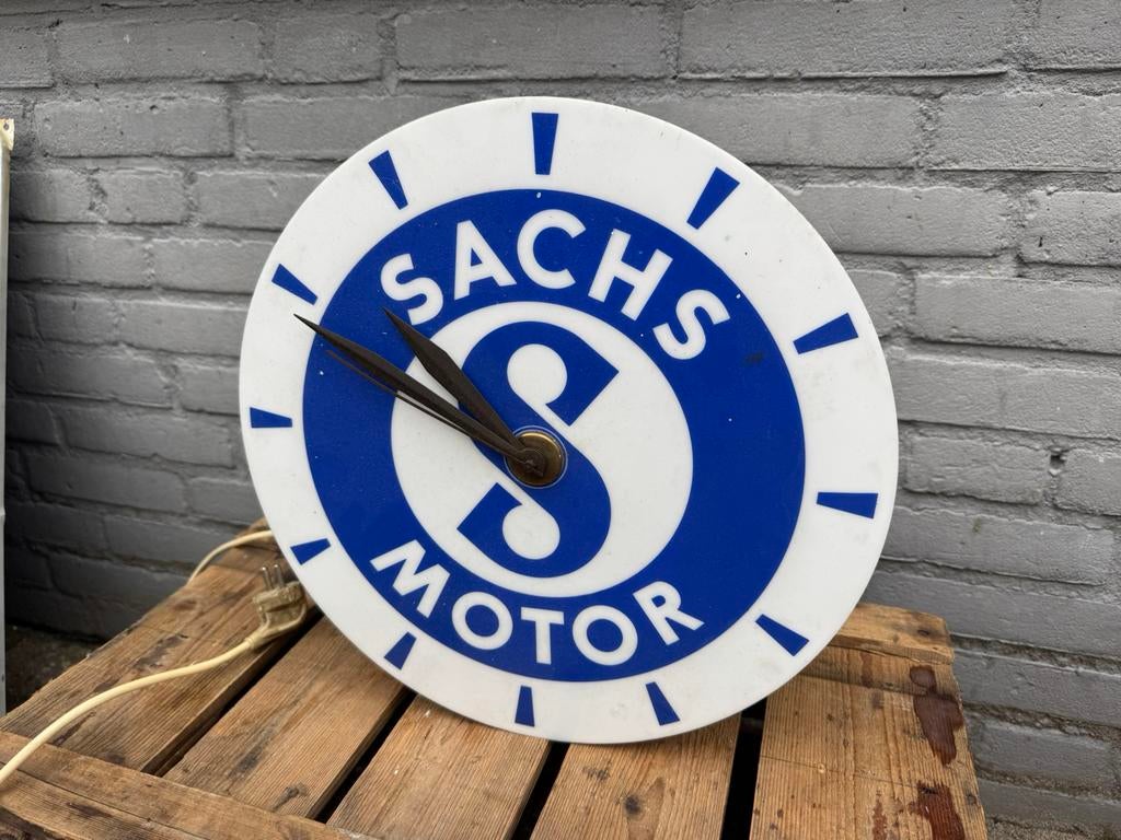Oude SACHS Motor reclame klok verlichting, Verzamelen, Ophalen, Gebruikt, Lichtbak of (neon) lamp