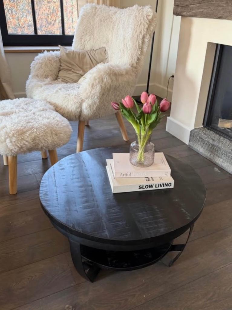 Tv-meubel zwart mangohout, Ophalen, Overige materialen, 50 tot 100 cm, Rond