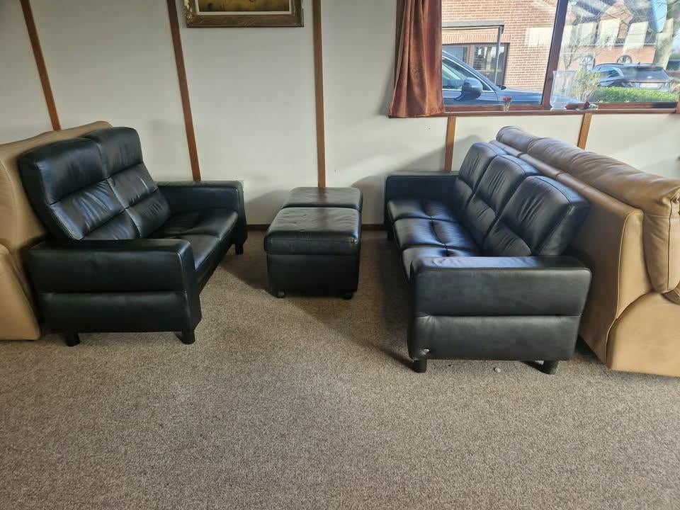 ZWARTE BUFFELLEDEREN SALON STRESSLESS, Ophalen, Gebruikt, Leer