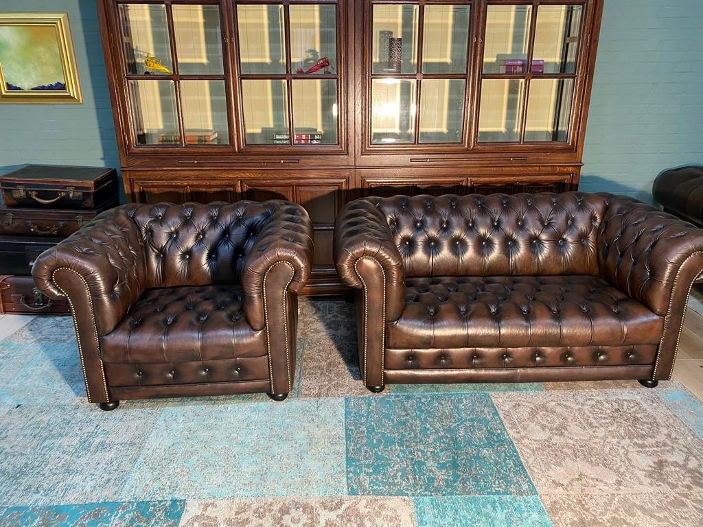 Chesterfield 2+1 zit zetels bruin GRATIS GELEVERD, Huis en Inrichting, Ophalen of Verzenden, Leer