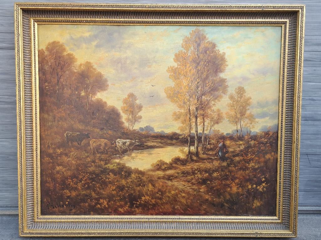 Huile sur panneau paysage avec vaches signe Paul schouten, Enlèvement ou Envoi