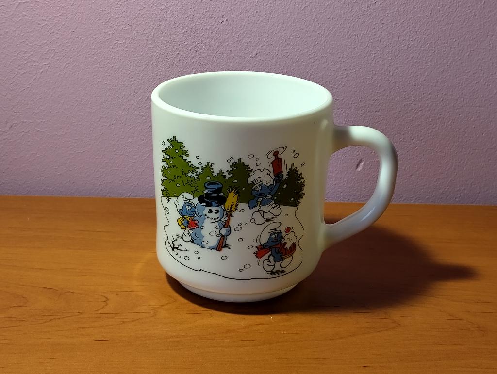 Vintage Arcopal Smurfenmok uit 1986, Verzamelen, Smurfen, Ophalen, Gebruikt, Verschillende Smurfen, Gebruiksvoorwerp