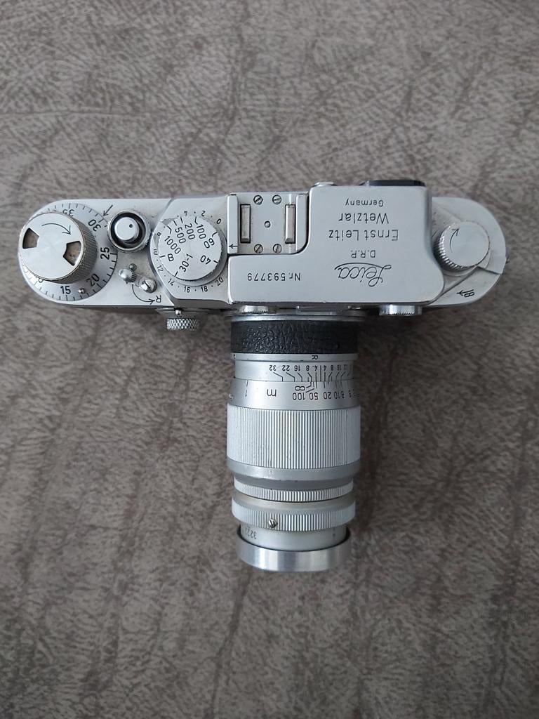 Leica IIIf 1951-52 met Leitz Elmar 90mm f4 lens, Ophalen of Verzenden, 1940 tot 1960, Fototoestel