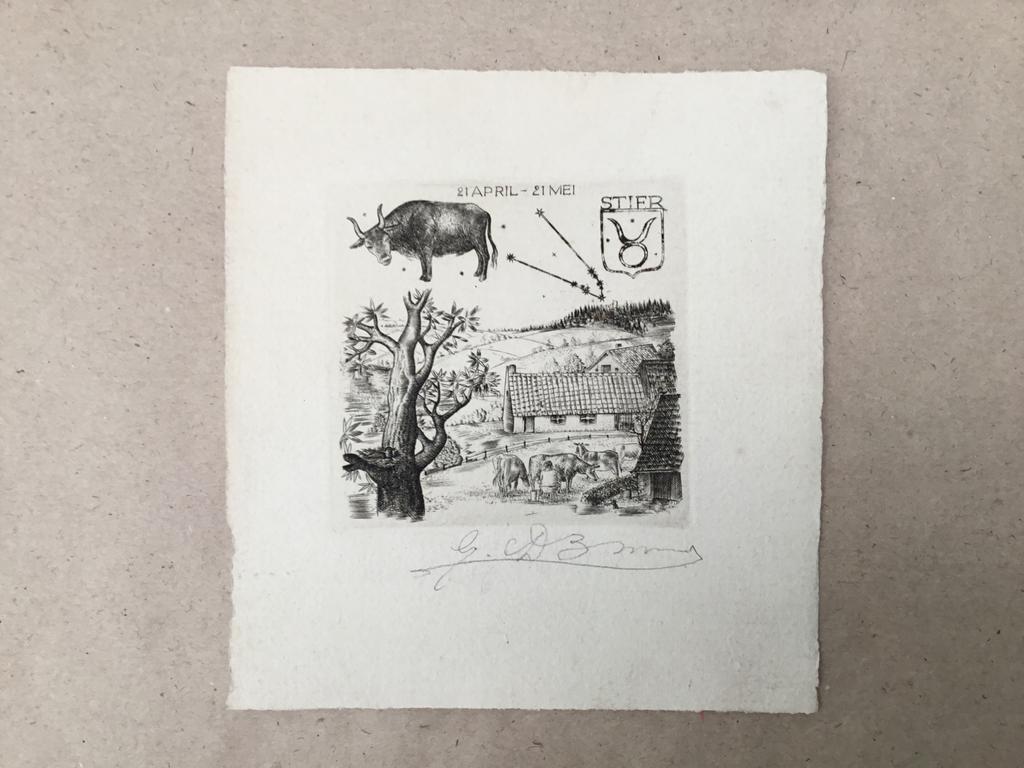 Ets sterrenbeeld Stier Gustaaf De Bruyne gesigneerd, Antiek en Kunst, Kunst | Etsen en Gravures, Ets, Gesigneerd, Ophalen of Verzenden