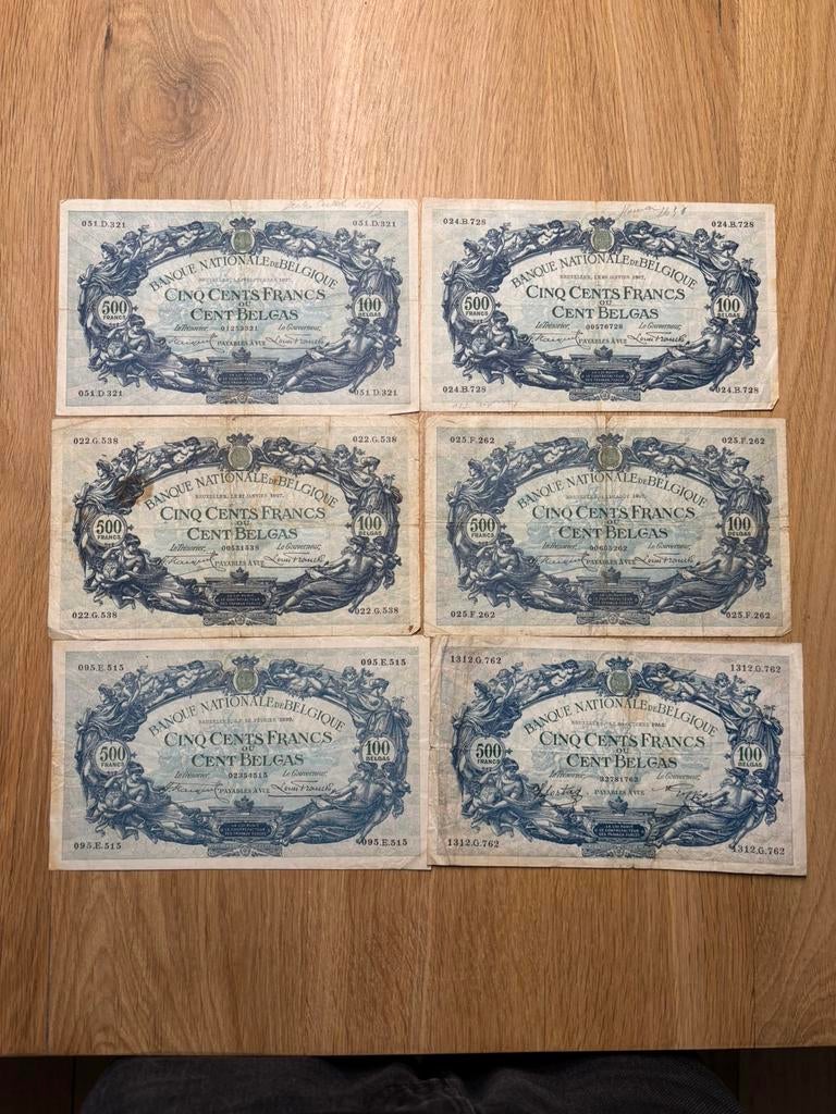 Lot: 6x 500 frank / 100 belgas, Timbres & Monnaies, Billets de banque | Belgique, Enlèvement ou Envoi, Série