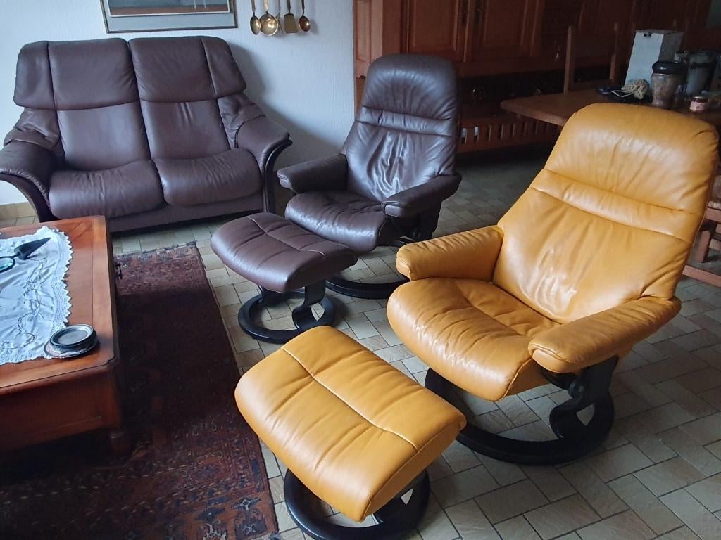 Salon STRESSLESS 1x2 personnes, 2x1 personne avec pose-pieds, Enlèvement, Utilisé, Bois