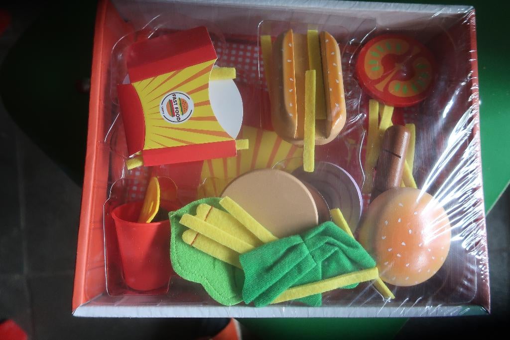 keukenspeelgoed fast food hout  stof nieuw, Ophalen of Verzenden, Nieuw, Hout, Speelkeuken-accessoire