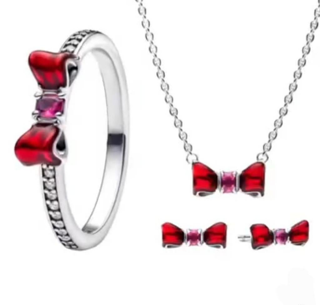 Parure 3 p argent 925 , noeud rouge, Rouge, Bracelet