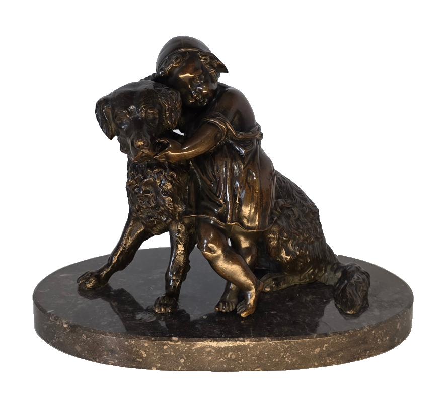 Statue en bronze - Fille avec chien., Antiquités & Art, Enlèvement ou Envoi, Bronze