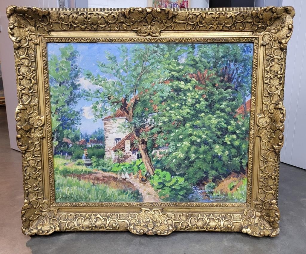 Alfred HAZLEDINE, Boerin met kippen bij de hoeve, Antiquités & Art, Art | Peinture | Classique, Enlèvement