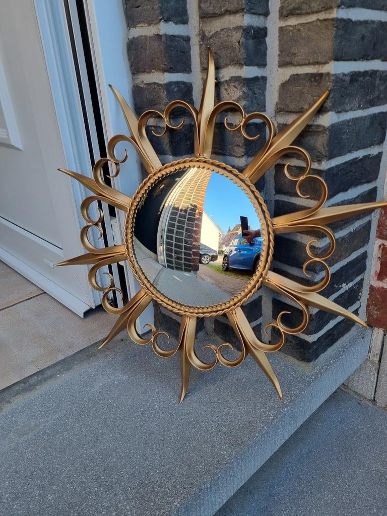 Miroir solaire vintage 52 cm, fer forgé, années 70', Enlèvement ou Envoi, Moins de 100 cm, Rond, Utilisé