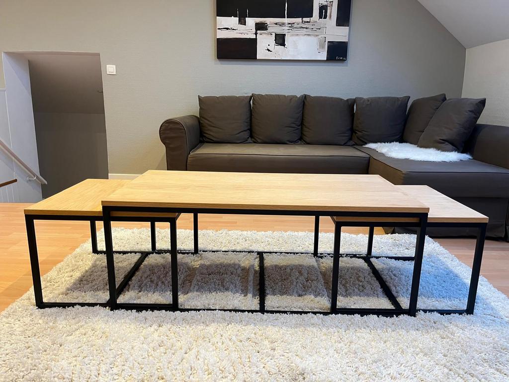 Tables gigognes industrielles en bois de sapin et métal, Maison & Meubles, Enlèvement, Utilisé