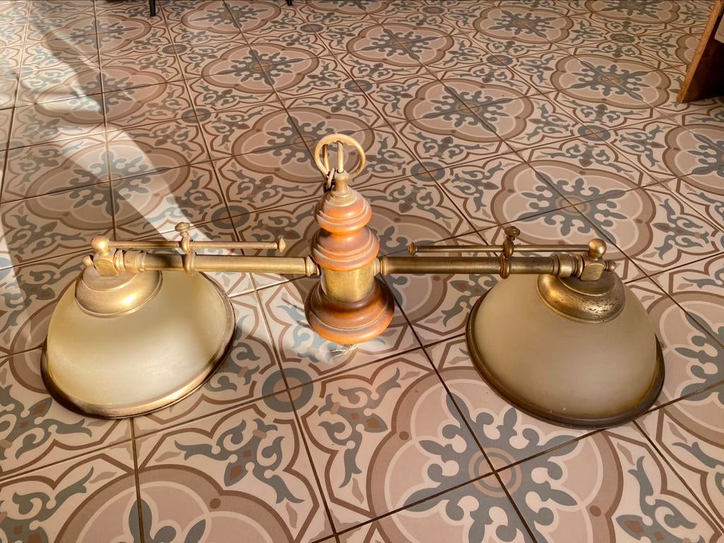 Vintage biljarthanglamp, Huis en Inrichting, Lampen | Hanglampen, Gebruikt, 50 tot 75 cm, Glas, Metaal, Ophalen