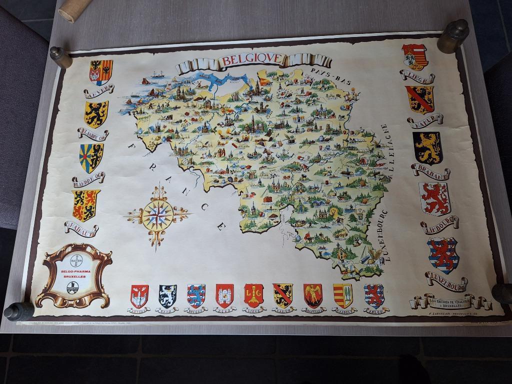 Oude, gekleurde, mooi geïllustreerde landkaart van België, Ophalen, België, Landkaart, Zo goed als nieuw