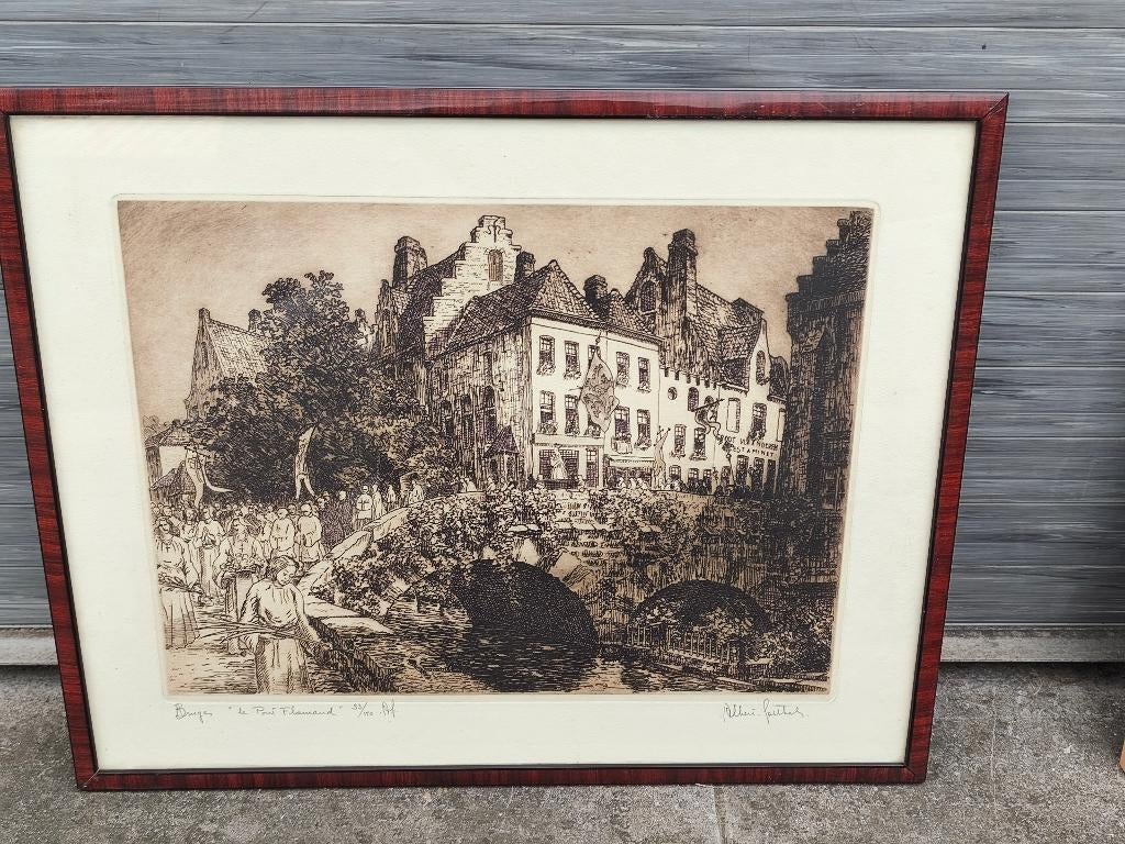 Gravure bruges pont flamand signe Albert goethals, Antiek en Kunst, Kunst | Etsen en Gravures, Ophalen of Verzenden