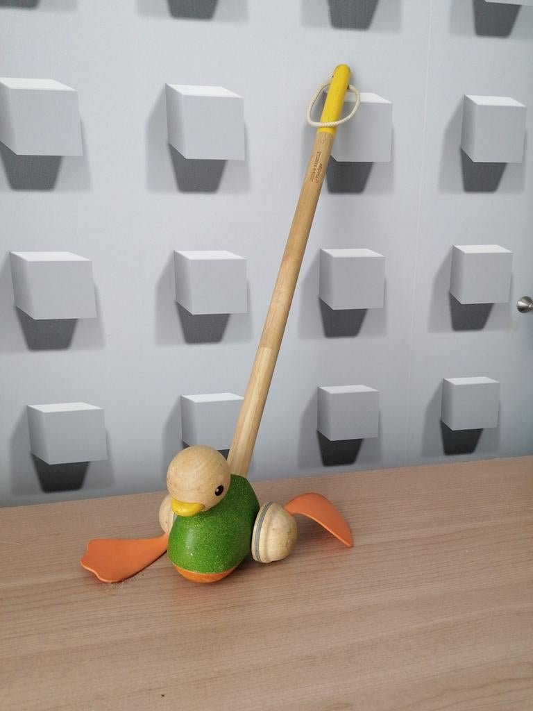 Duwstok eend, plantoys, houten speelgoed, educatief, Ophalen of Verzenden