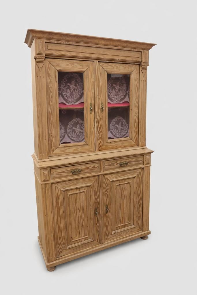 Hoge grenen vitrinekast / buffetkast 203 cm – landelijke kas, Huis en Inrichting, Ophalen, Glas