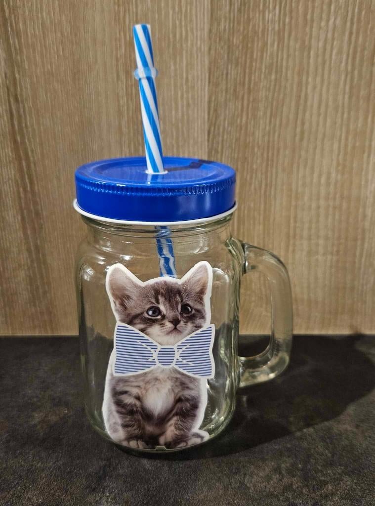 Mug verre avec anse chat couvercle et paille, Enlèvement ou Envoi, Comme neuf, Verre, Verre ou Verres
