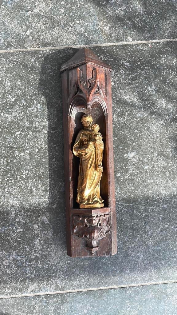 Oud eiken beeld sokkel / voetstuk met Maria en kind, Ophalen, Gebruikt, Beeld(je), Christendom | Katholiek