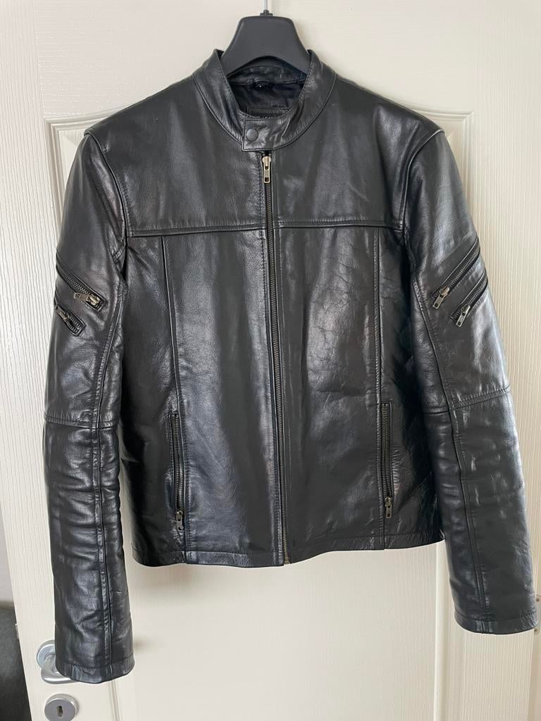 Zwarte sportieve leren jas, Kleding | Heren, Jassen | Zomer, Ophalen, Gedragen, Maat 52/54 (L), Zwart